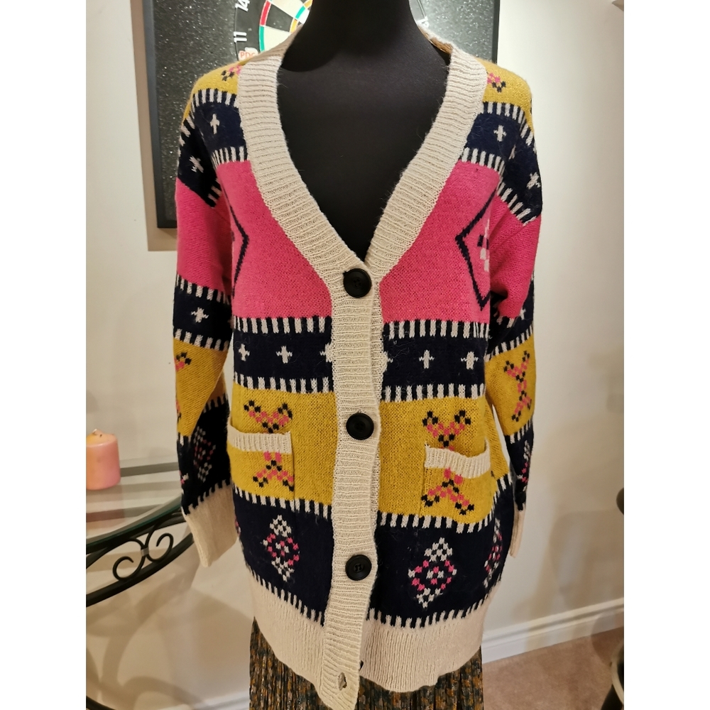 Pink and Yellow Geometric Long Cardigan Sweater